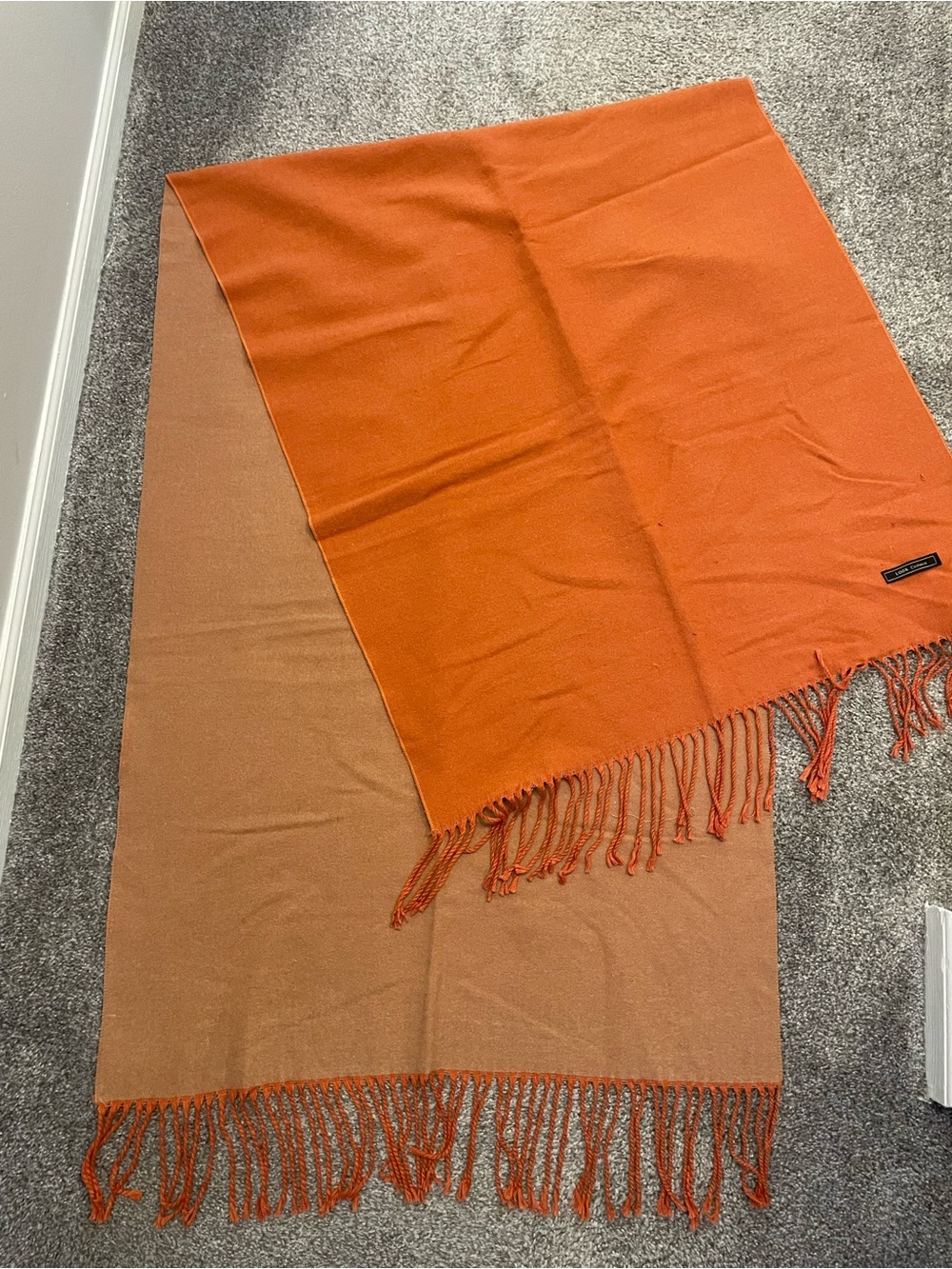 Reversible Cashmere Orange & Tan Fringe Wrap Scarf